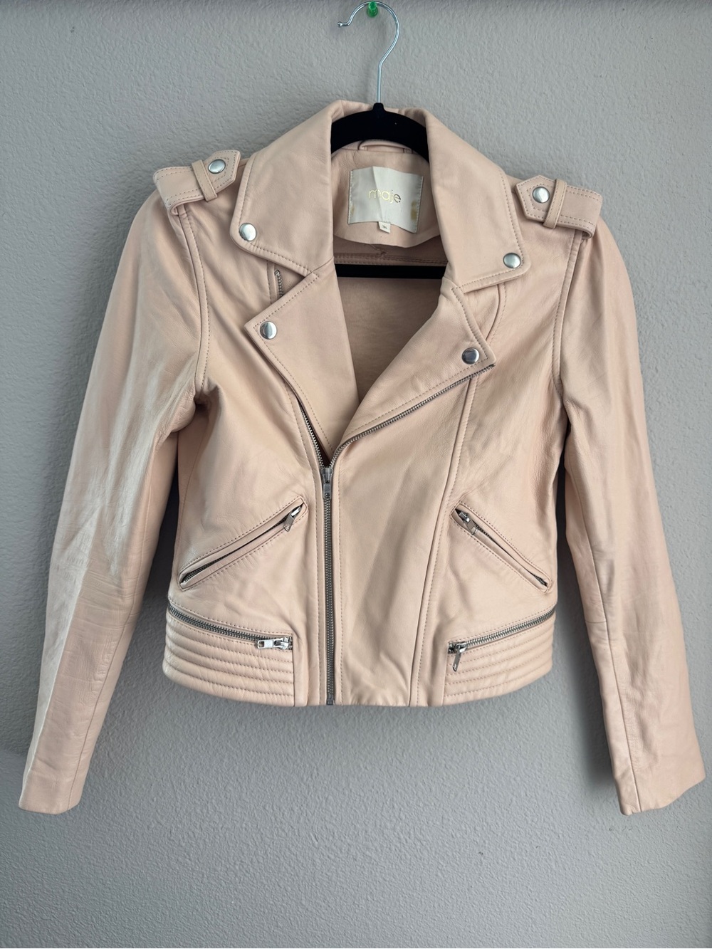 Maje Nude Lamb Leather Moto Jacket Size 36 US 4 Blush Pink Genuine Lamb Leather